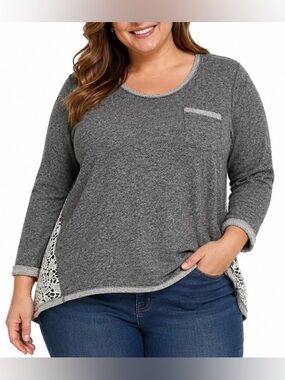 French Laundry Gray Knit Lace Side Panel Hi Low Hem Top 2XL Long Sleeve Plus